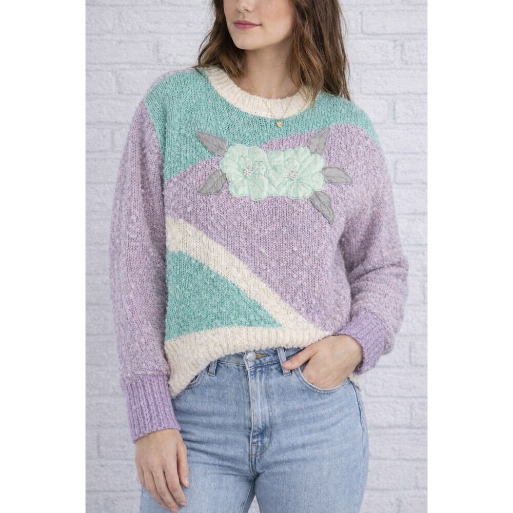 VTG Needles & Yarn Sweater Women M Pastel
 Floral Applique Korea 90s Cottagecore